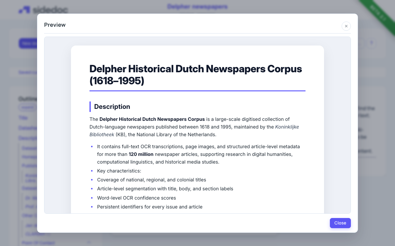 The preview of the Delpher newspapers datasheet