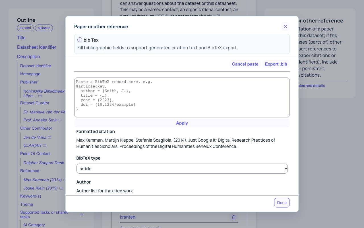 A reference, with the Import BibTeX box open