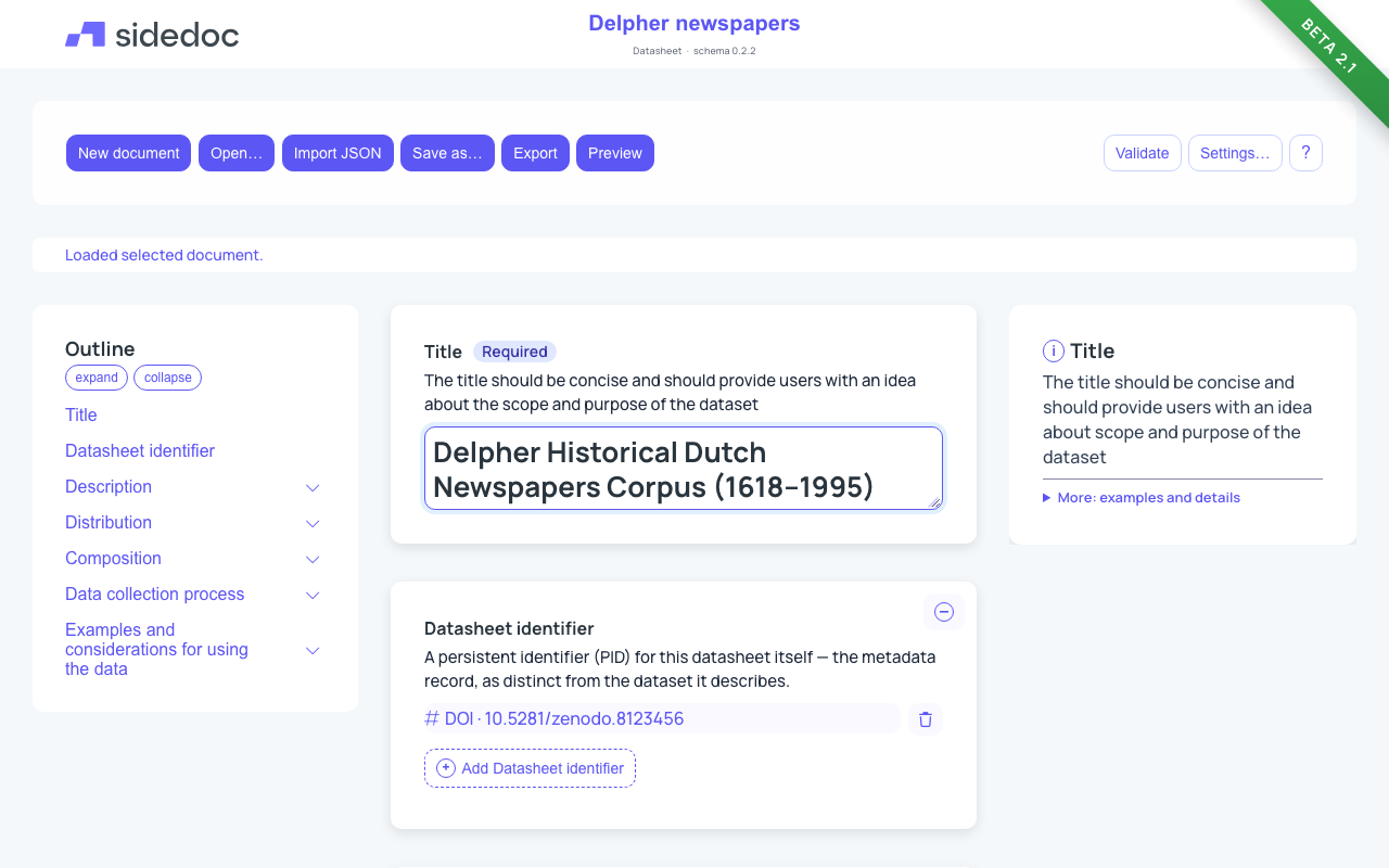 The SideDoc editor with a datasheet open