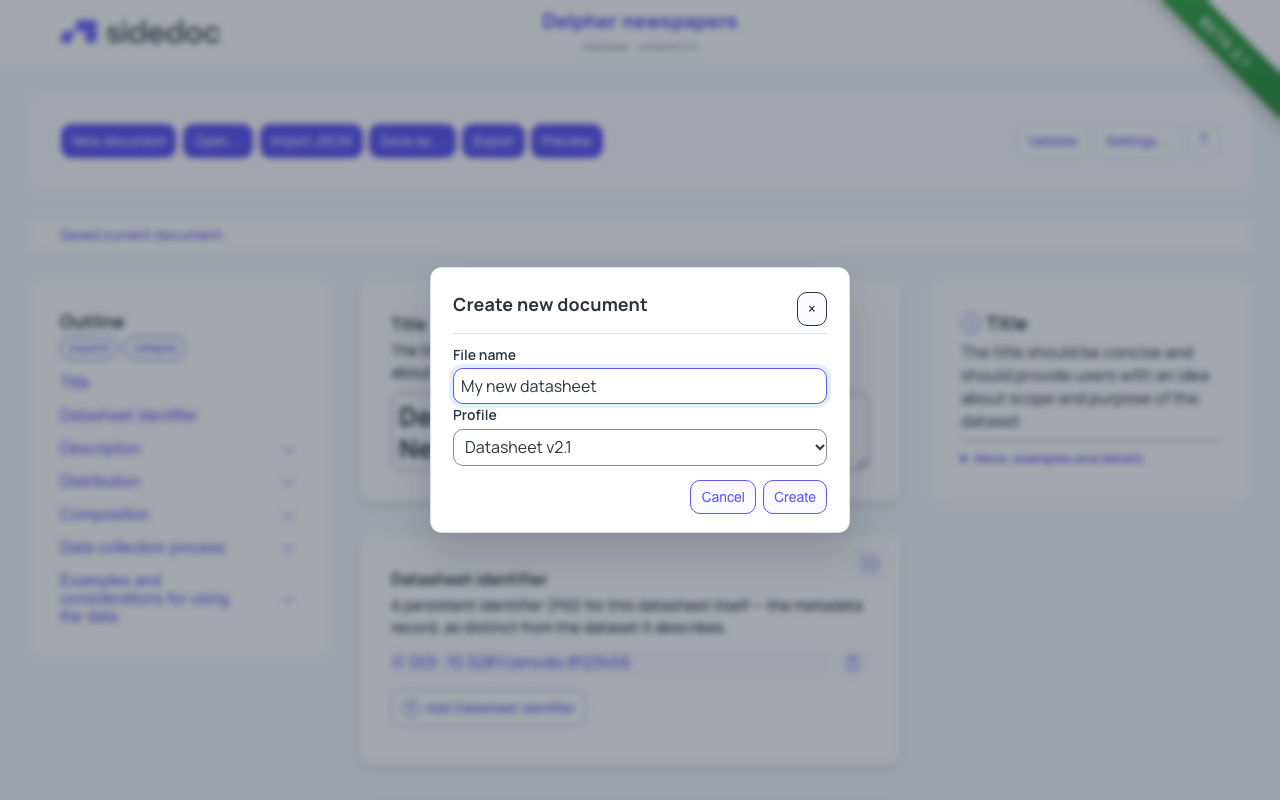 The Create new document window