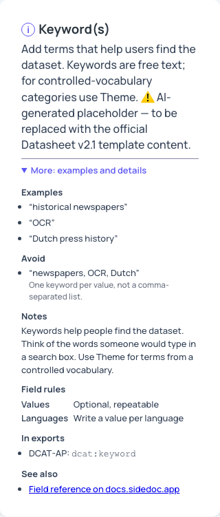The More section for the Keyword(s) field, with examples, a value to avoid, notes and field rules