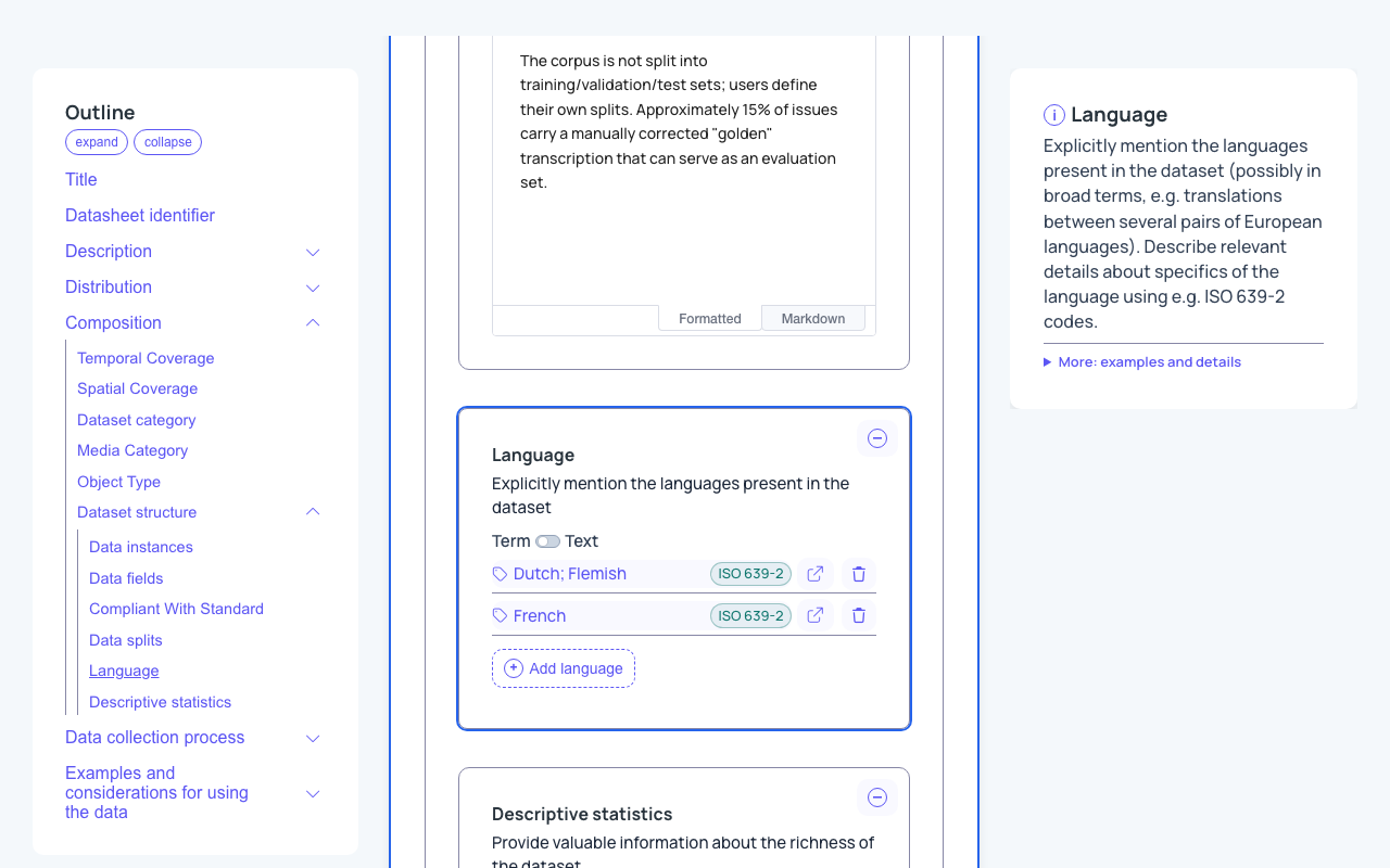 The help panel showing guidance for the Language field