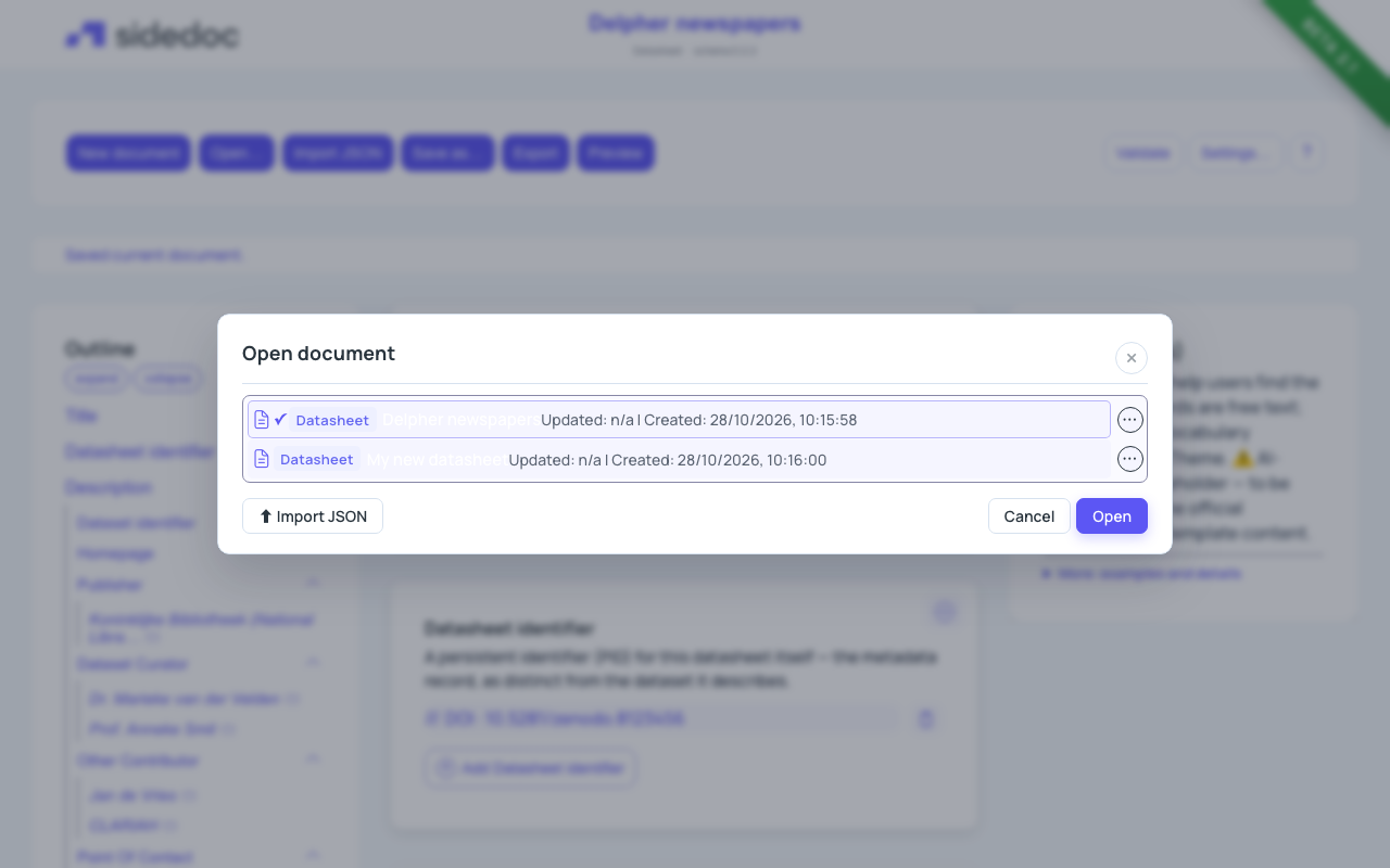 The Open document window with the Import JSON button