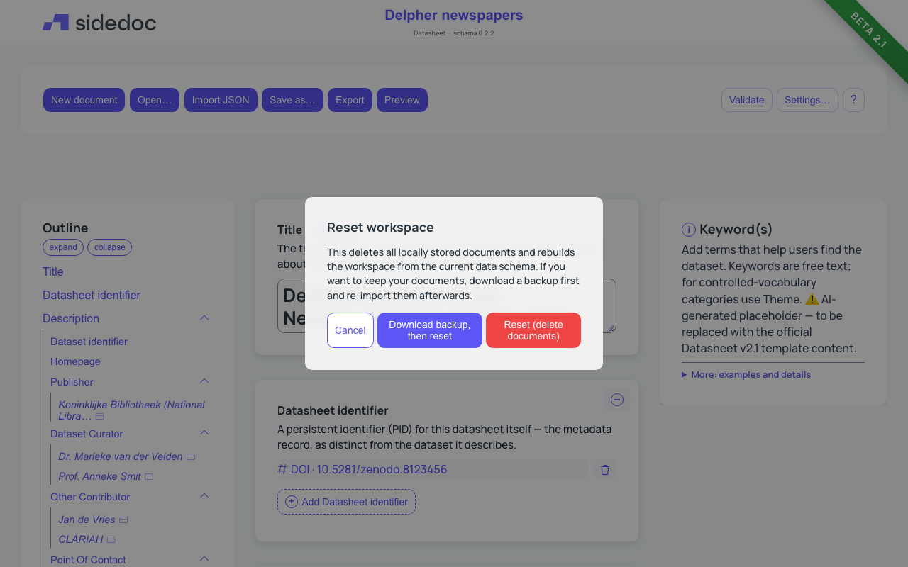 The Reset workspace window