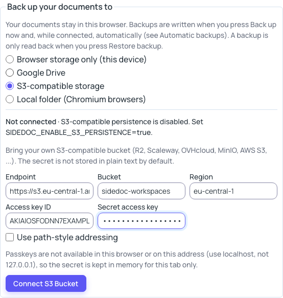 Backups to an S3-compatible bucket, with example connection details filled in